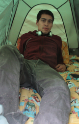 Brown inside his tent. 