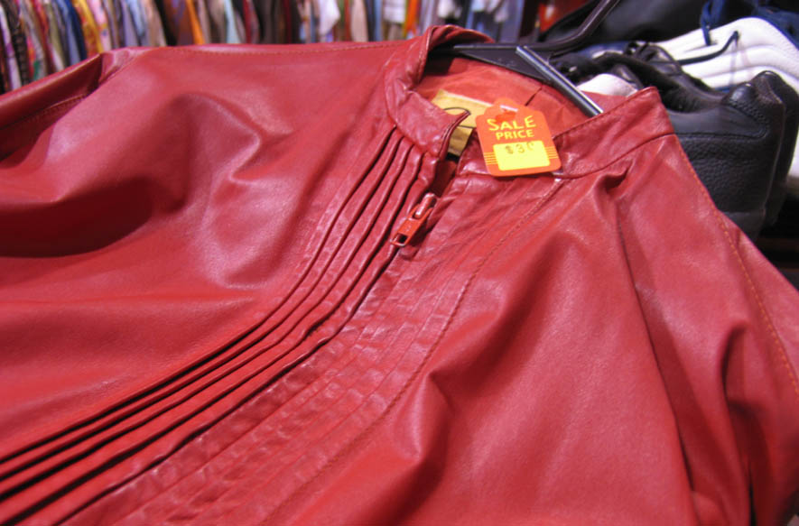 Red leather jackets at Vice Versa, $30.
